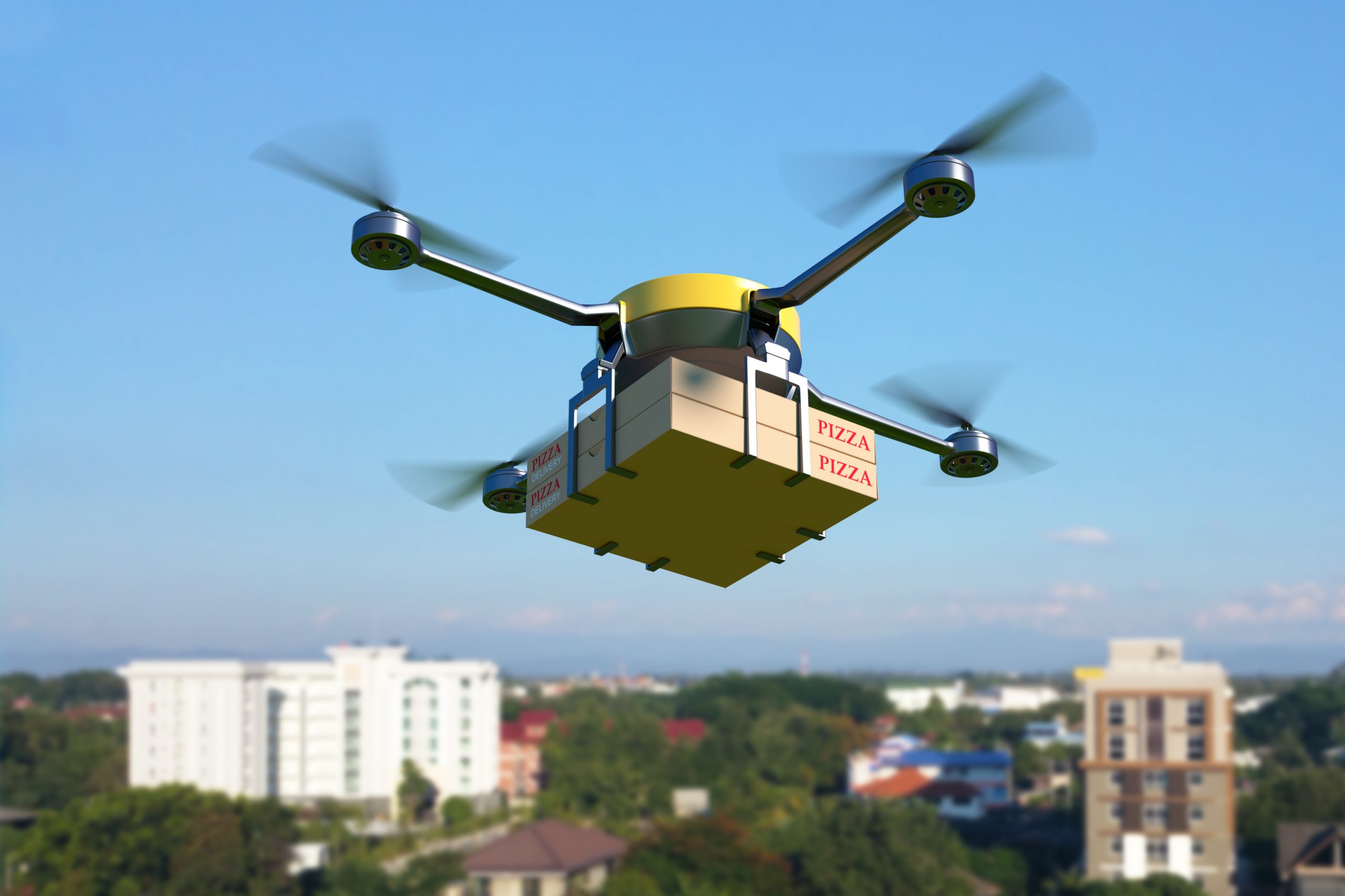 Delivery drone with pizza box.